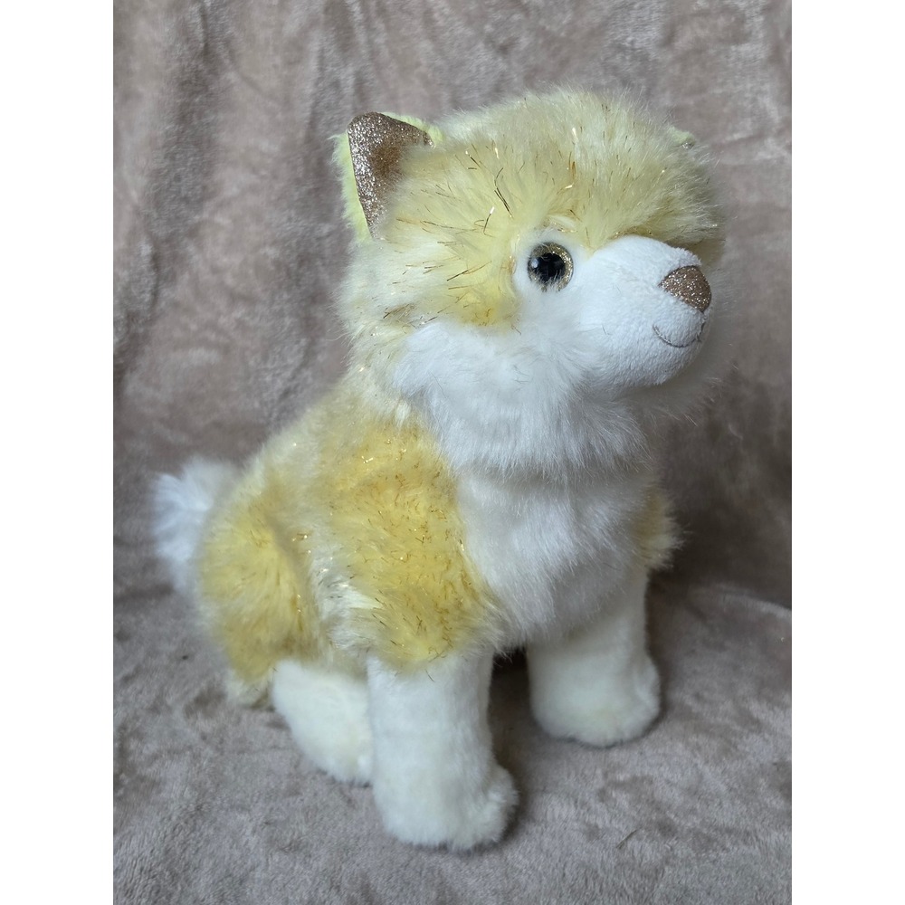 FAO Schwarz Plush Husky Dog Yellow White Gold Glitter Tinsel Stuffed Animal Toy